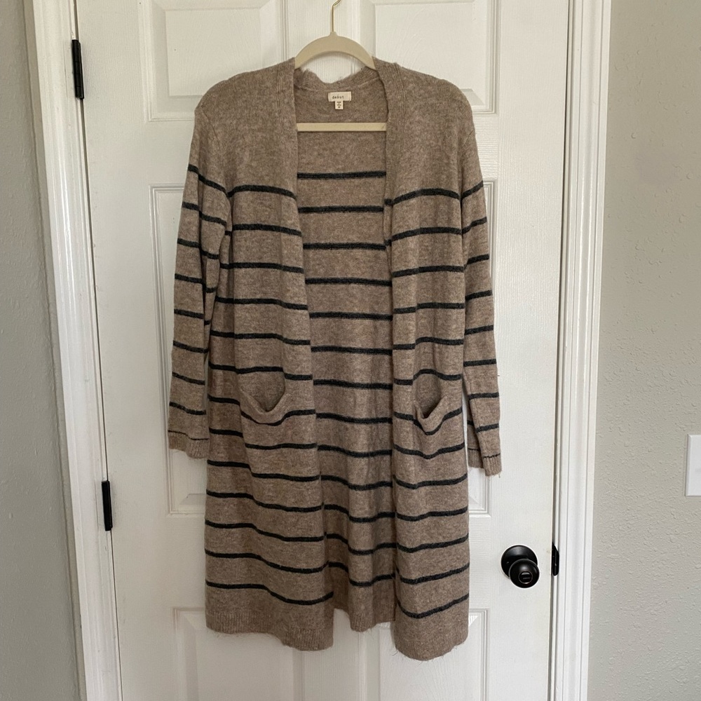 Debut, size Medium, striped cardigan tan and gray with pockets!